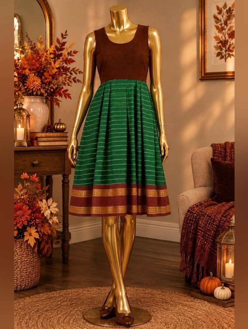 Silk Green & Brown Sleeveless Midi Skirt Dress